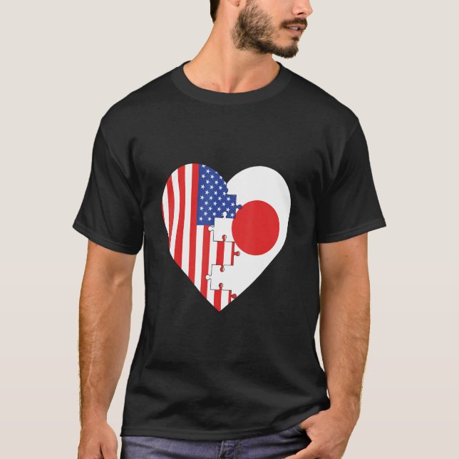 USA and Japan Flags Heart T-Shirt (Front)