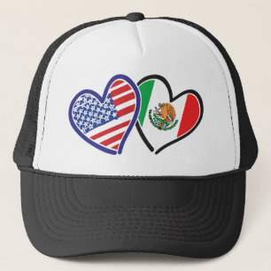 USA and Mexico Patriotic Flag Hearts Trucker Hat
