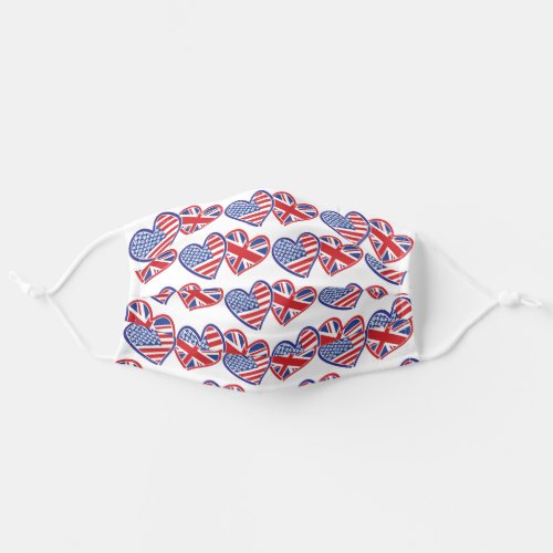 USA and UK Flag Hearts Adult Cloth Face Mask