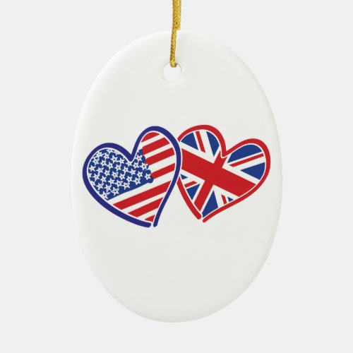 USA and UK Flag Hearts Ceramic Ornament