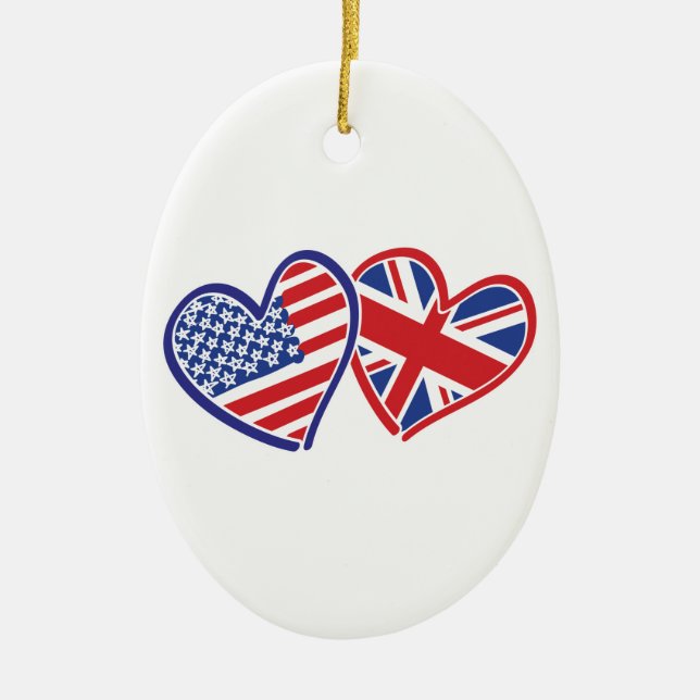 USA and UK Flag Hearts Ceramic Ornament (Front)