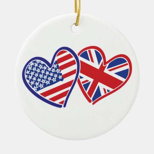 USA and UK Flag Hearts Ceramic Ornament