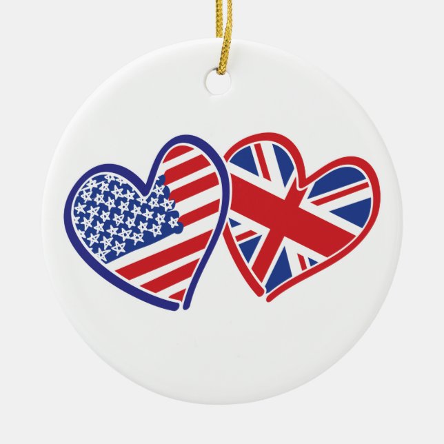 USA and UK Flag Hearts Ceramic Ornament (Front)