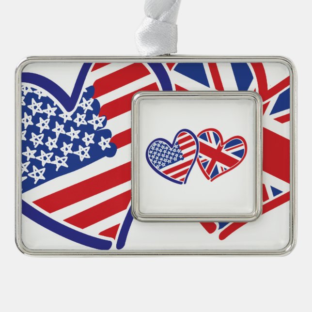 USA and UK Flag Hearts Christmas Ornament (Front)