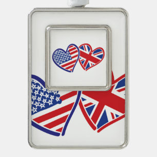 USA and UK Flag Hearts Christmas Ornament
