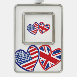 USA and UK Flag Hearts Christmas Ornament