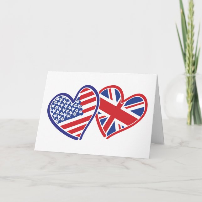 USA and UK Flag Hearts Holiday Card (Front)