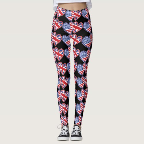 USA and UK Flag Hearts Leggings