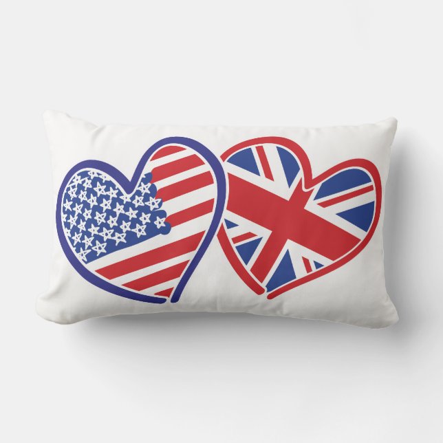 USA and UK Flag Hearts Lumbar Pillow (Front)