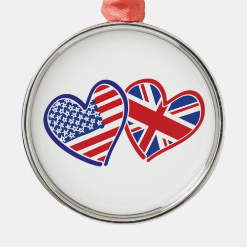 USA and UK Flag Hearts Metal Ornament