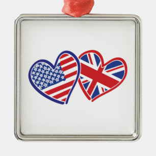 Usa and UK Flag Hearts Metal Ornament