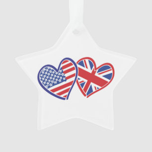 USA and UK Flag Hearts Ornament