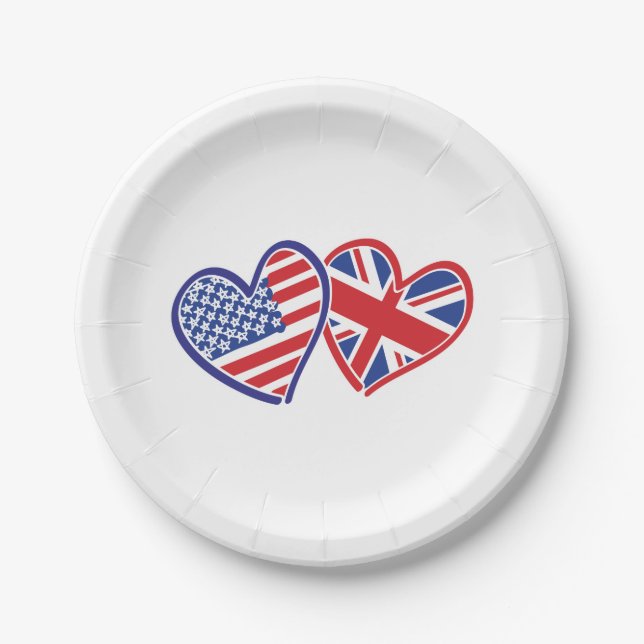 USA and UK Flag Hearts Paper Plates (Front)