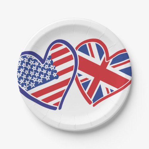 USA and UK Flag Hearts Paper Plates