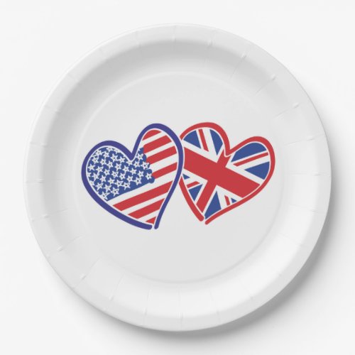 USA and UK Flag Hearts Paper Plates