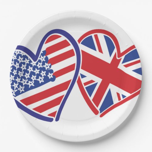 USA and UK flag Hearts Paper Plates