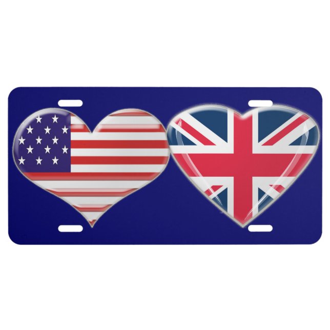 USA and Union Jack Heart Flag License Plate (Front)
