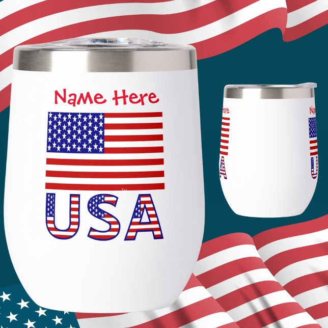 USA and United States America Flag Red Personalize Thermal Wine Tumbler (Creator Uploaded)