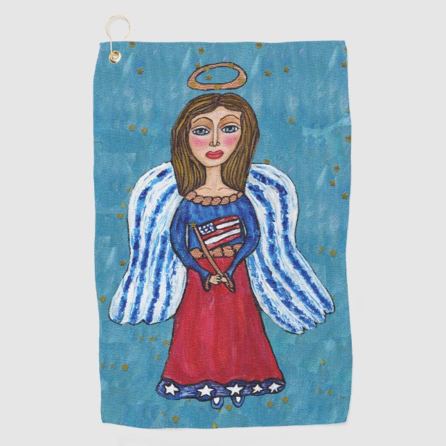 USA Angel Blue Eyes American Flag Gold Stars Golf Towel (Front)