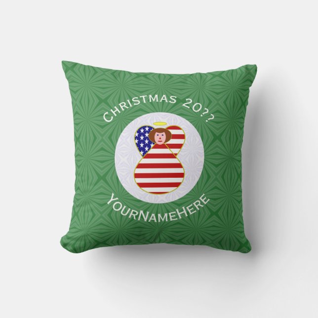USA Angel Christmas Flag Personalized Text Throw Pillow (Front)