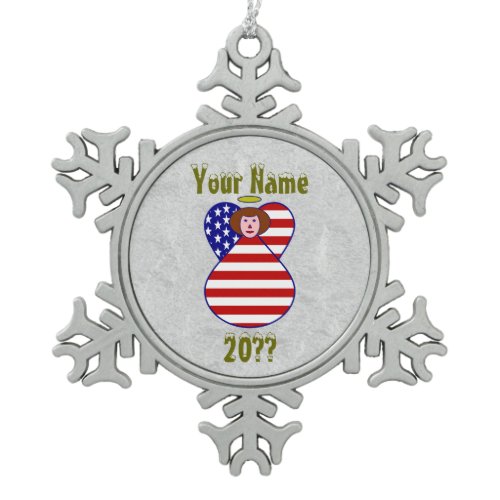 USA Angel Flag Personalized  Snowflake Pewter Christmas Ornament