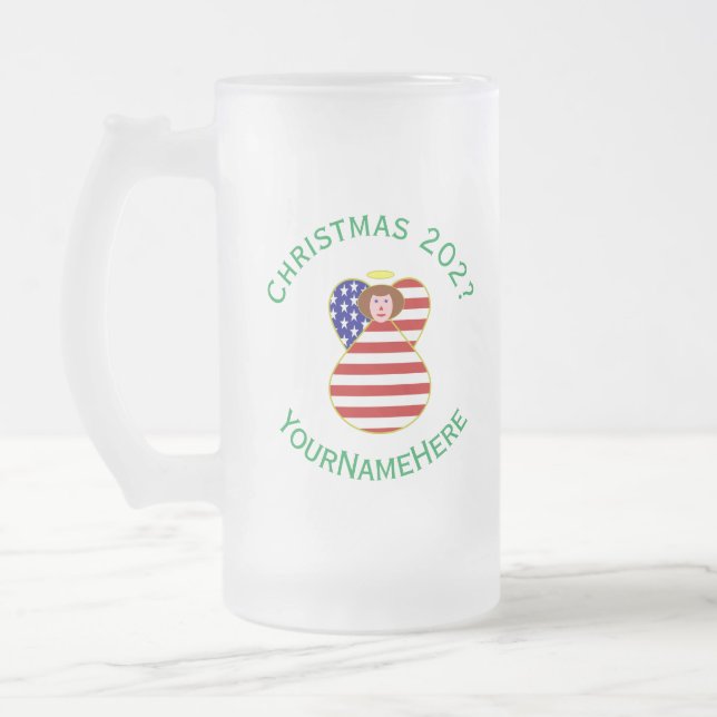 USA Angel Red Hair Christmas Flag Personalized  Frosted Glass Beer Mug (Left)