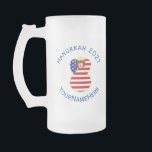 USA Angel Red Hair Hanukkah Flag Personalized Frosted Glass Beer Mug<br><div class="desc">Frosted glass beer mug shows a red haired angel wearing the flag of the United States of America for holiday decorating or Hanukkah decor. The USA Flag angel is found surrounded by text allowing you to add your own text or personalize with a name and the year. Lettering is blue....</div>