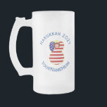 USA Angel Red Hair Hanukkah Flag Personalized Frosted Glass Beer Mug<br><div class="desc">Frosted glass beer mug shows a red haired angel wearing the flag of the United States of America for holiday decorating or Hanukkah decor. The USA Flag angel is found surrounded by text allowing you to add your own text or personalize with a name and the year. Lettering is blue....</div>