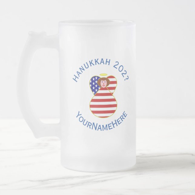 USA Angel Red Hair Hanukkah Flag Personalized  Frosted Glass Beer Mug (Left)