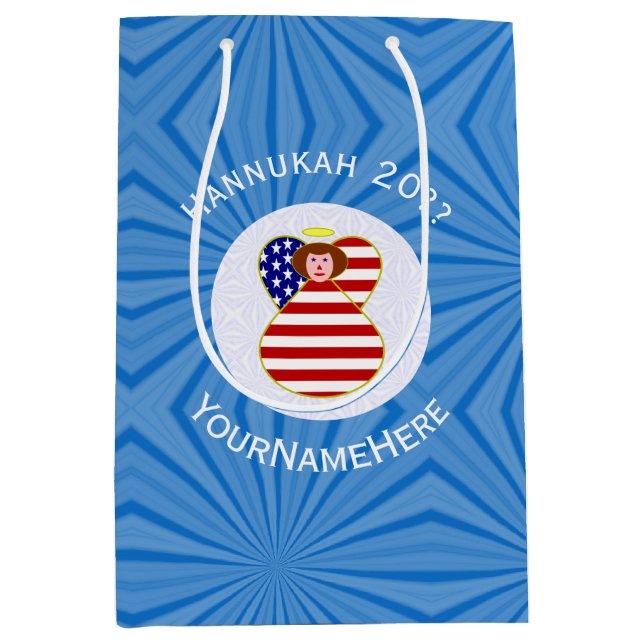 USA Angel Red Hair Hanukkah Flag Personalized  Medium Gift Bag (Front)