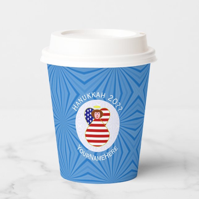 USA Angel Red Hair Hanukkah Flag Personalized  Paper Cups (Front)