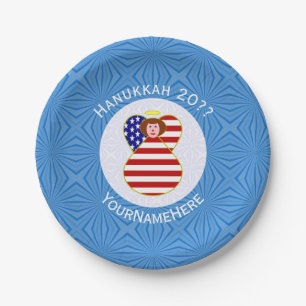 USA Angel Red Hair Hanukkah Flag Personalized  Paper Plates