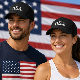 USA Arched Varsity Lettering White Text Embroidered Baseball Cap