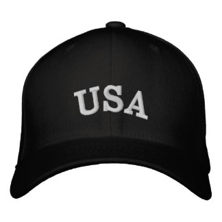 USA Arched Varsity Lettering White Text Embroidered Baseball Cap