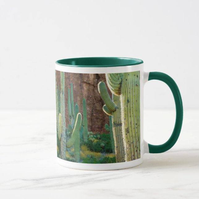 USA, Arizona. Saguaro Cactus Field By A Cliff Mug (Right)