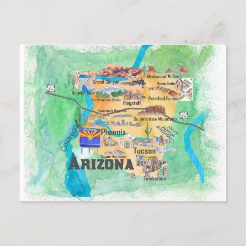 USA Arizona State Travel Illustrated Map Postcard