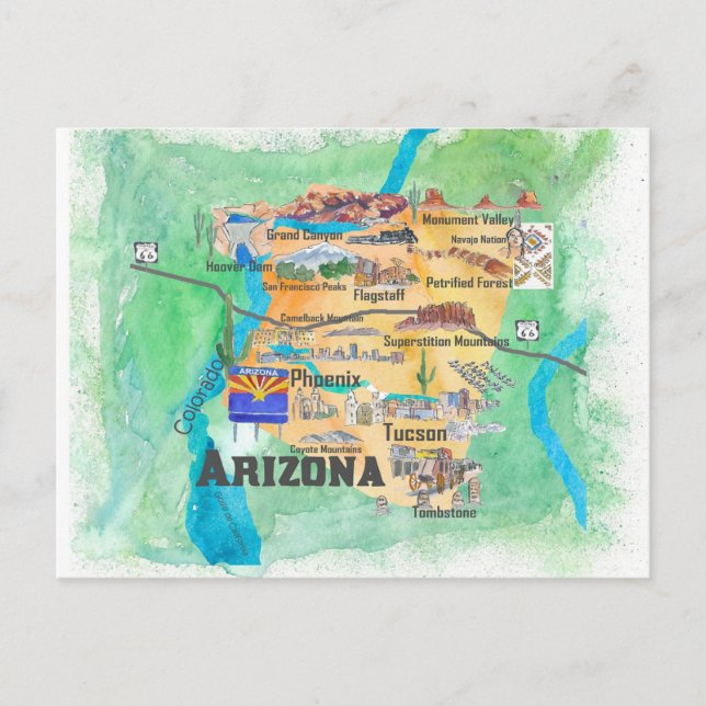 USA Arizona State Travel Illustrated Map Postcard (Front)