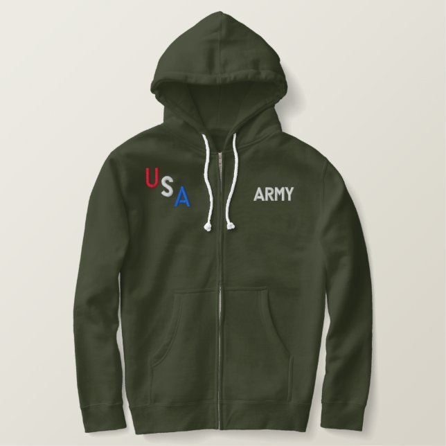 USA ARMY BASIC ZIP HOODIE-RedWhite&Blue Embroidered Hoodie (Design Front)