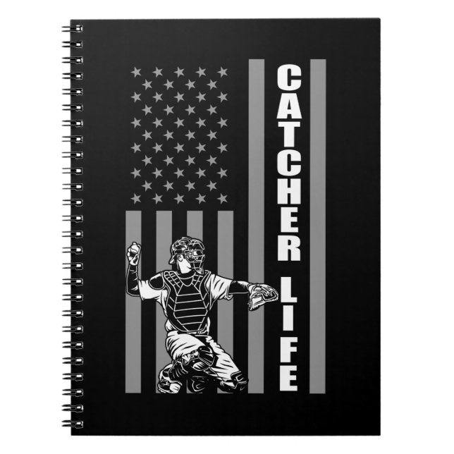USA Baseball Player American Flag Softball Catcher Notebook (Front)