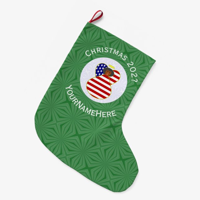 USA Black Angel Christmas Flag Personalized  Large Christmas Stocking (Front (Hanging))