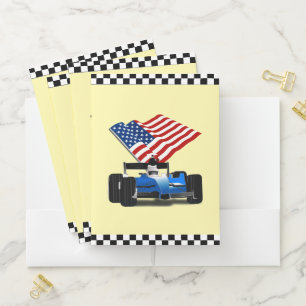 USA Blue Race Car With Checkered Flag Pocket Folder