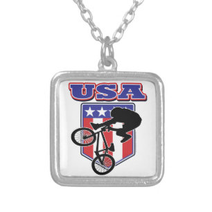 USA BMX Biker Silver Plated Necklace