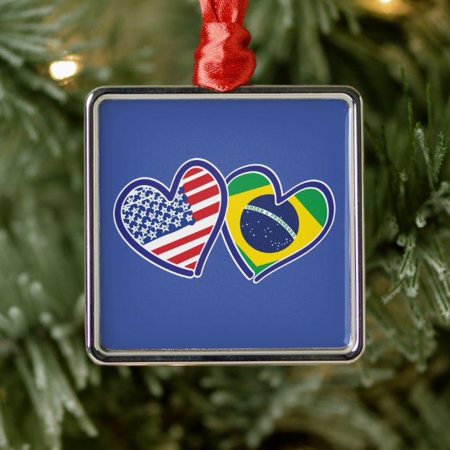 USA Brazil Love Hearts Metal Ornament (Tree)