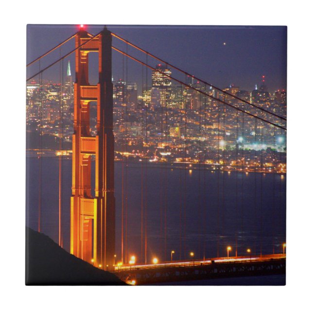 USA, California. Golden Gate Bridge At Night Ceramic Tile (Front)