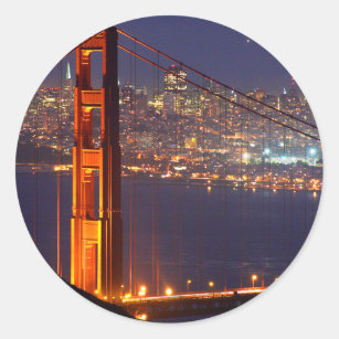 USA, California. Golden Gate Bridge At Night Classic Round Sticker