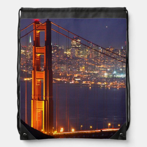 USA California Golden Gate Bridge At Night Drawstring Bag