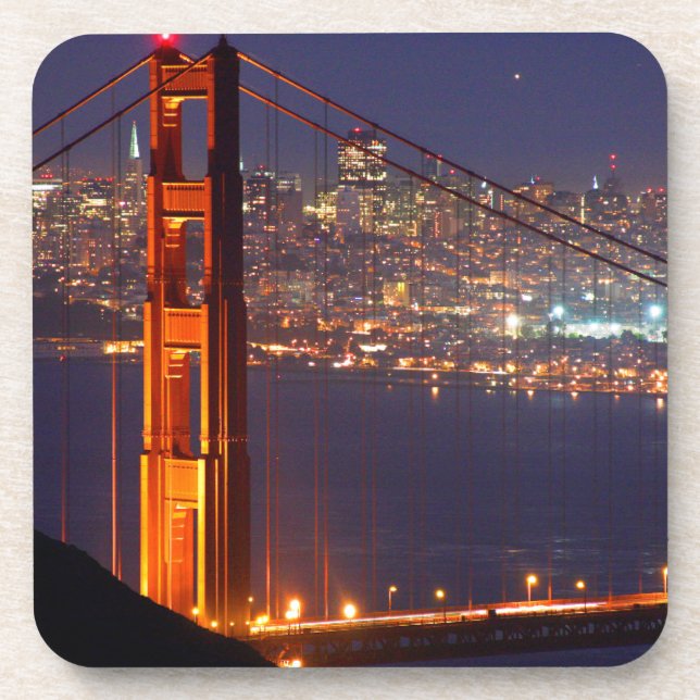 USA, California. Golden Gate Bridge At Night Drink Coaster (Front)