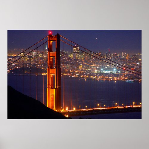 USA California Golden Gate Bridge At Night Poster