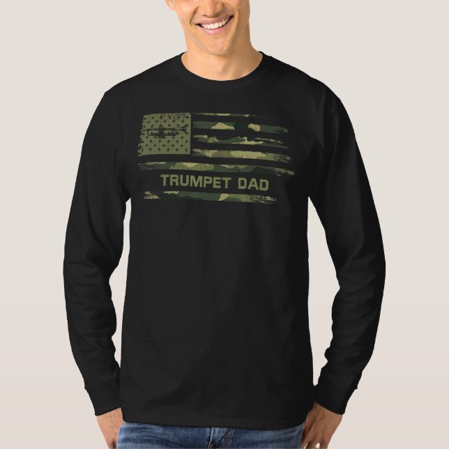 Usa Camo Flag Trumpet Dad Musician Trumpeter Silho T-Shirt (Front)