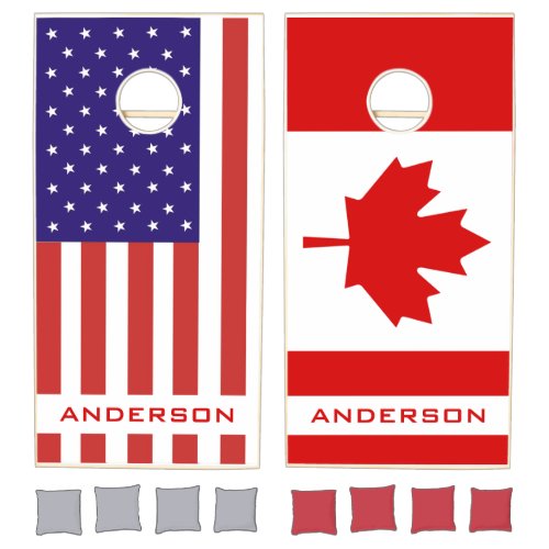 USA Canada Flag Red White Custom Name Cornhole Set